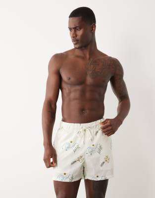 Asos Design Short Length Seersucker Swim Shorts With Print In White