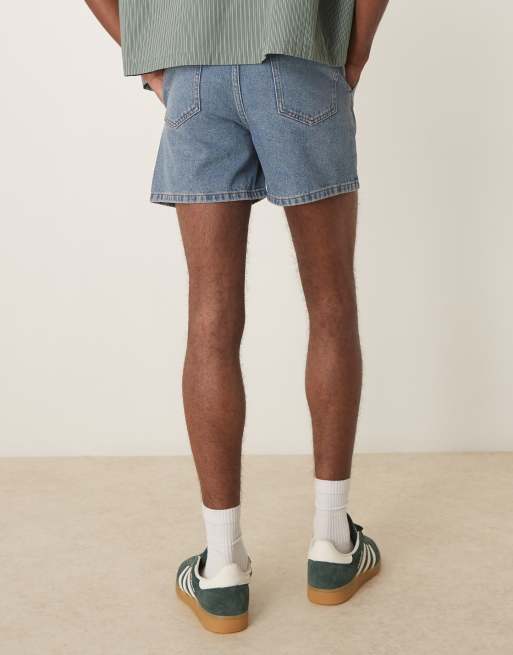 ASOS DESIGN short length slim denim shorts with pleats in mid wash blue, 3 of 5