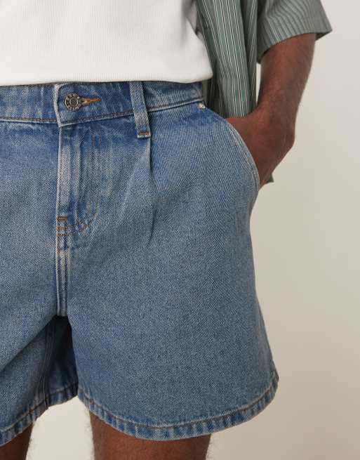 ASOS DESIGN short length slim denim shorts with pleats in mid wash blue