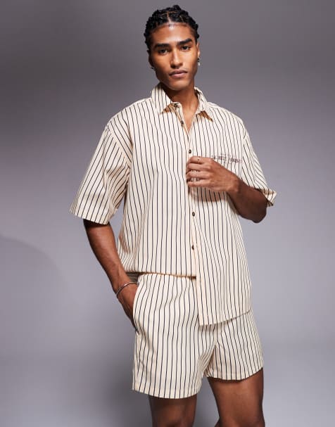 ASOS DESIGN co-ord stripe shorts in short length in beige and brown 
