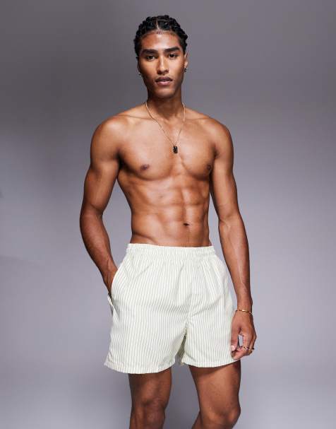 ASOS DESIGN short length swim short in cream stripe - view 1