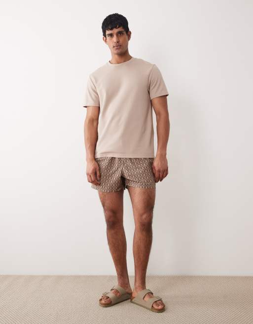 ASOS DESIGN short length swim shorts in brown micro print, 2 of 5