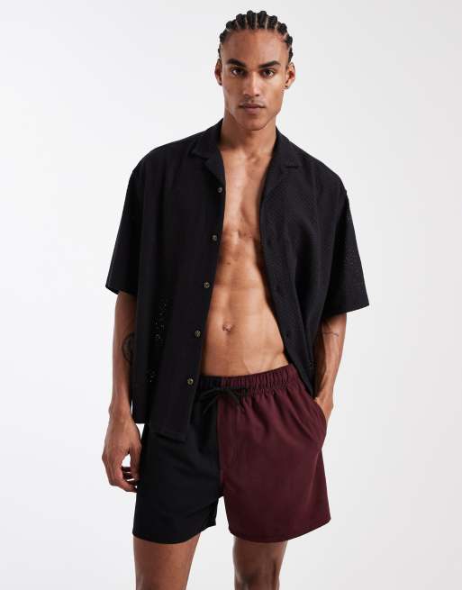 ASOS DESIGN short length swim shorts in burgundy and black, 2 of 5