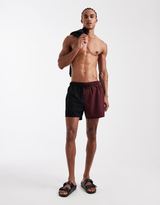 ASOS DESIGN short length swim shorts in burgundy and black, 5 of 5