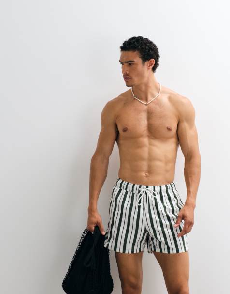 ASOS DESIGN short length swim shorts in green and white stripe - view 1