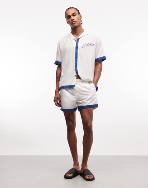 ASOS DESIGN short length swim shorts with contrast panel in cream - part of a set - view 1