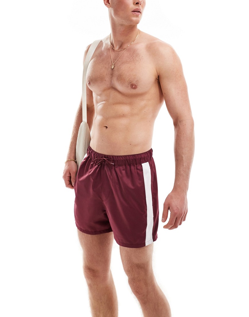 ASOS DESIGN short length swim shorts with contrast side panels in burgundy-Red