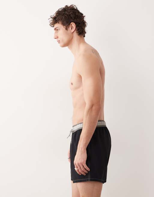 ASOS DESIGN short length swim shorts with stripe waistband in black, 3 of 5