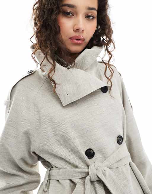 ASOS DESIGN short linen look trench coat in stone