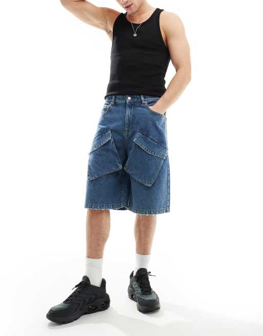ASOS DESIGN - Short long avec détail cargo - Bleu moyen vintage
