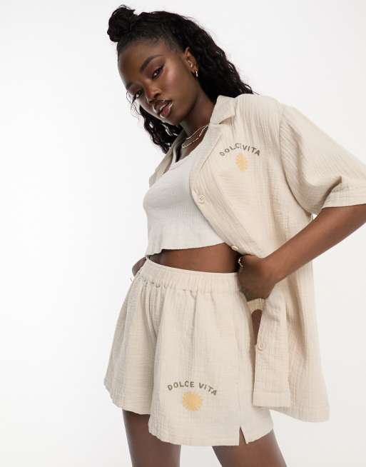 ASOS DESIGN - Short met elastische taille en print in zandkleur, deel van co-ord set