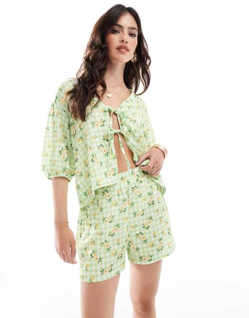 ASOS DESIGN - Short met lange pasvorm in groene gingham ruit en bloemenprint, deel van co-ord set