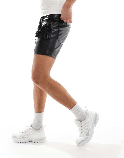 ASOS DESIGN - Short met leerlook en franjes in zwart, 4 van 5