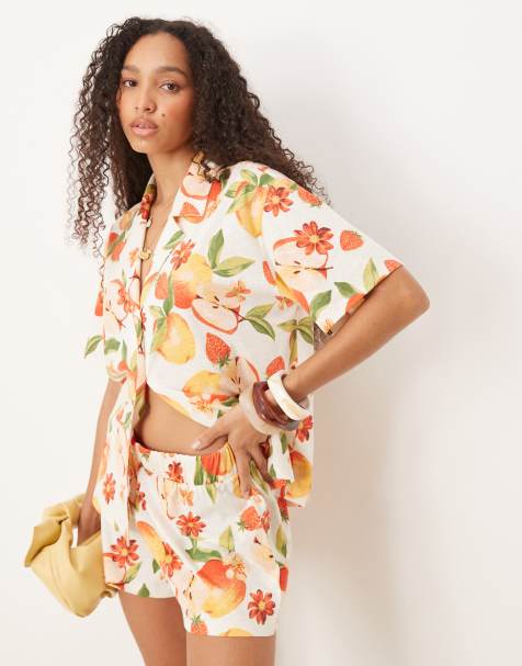 ASOS DESIGN - Short met linnenlook in fruitprint, deel van co-ord set - view 1