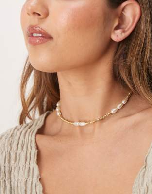Asos Design Short Necklace With Bead And Faux Pearl Details