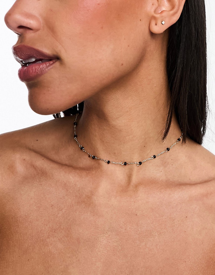 Asos Design Short Necklace With Black Stone Design In Gold Tone-silver