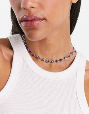 Asos Design Short Necklace With Eye Chain In Gold Tone