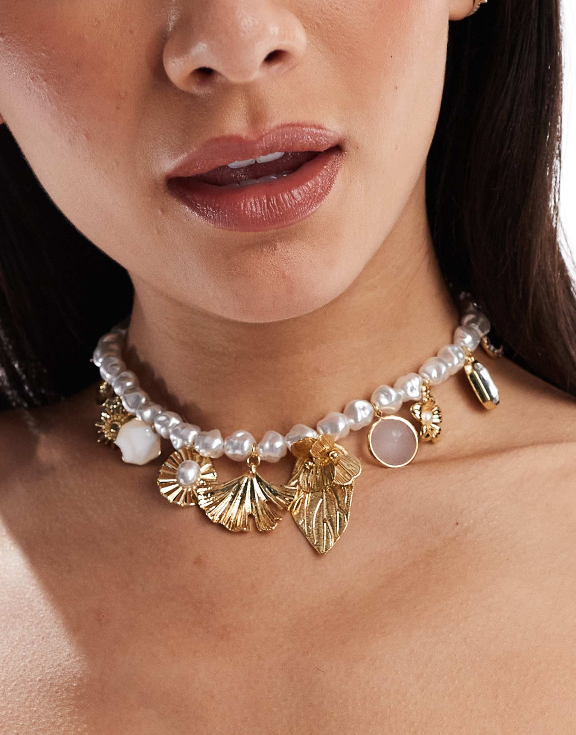asos design short necklace with faux pearl and charm detail