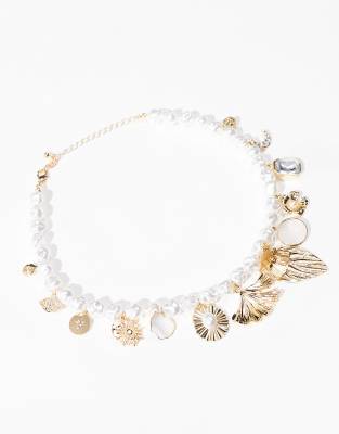 Asos Design Short Necklace With Faux Pearl And Charm Detail-gold In Gold