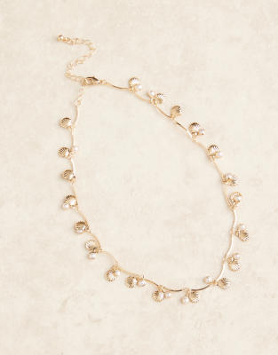 Asos Design Short Necklace With Faux Pearl And Shell Details