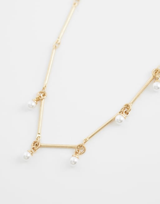ASOS DESIGN short necklace with faux-pearl drops in gold tone, 4 of 4