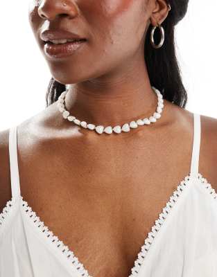 ASOS DESIGN short necklace with faux pearl heart design-White