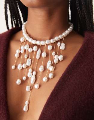 Asos Design Short Necklace With Faux-pearl Waterfall Droplets In Gold