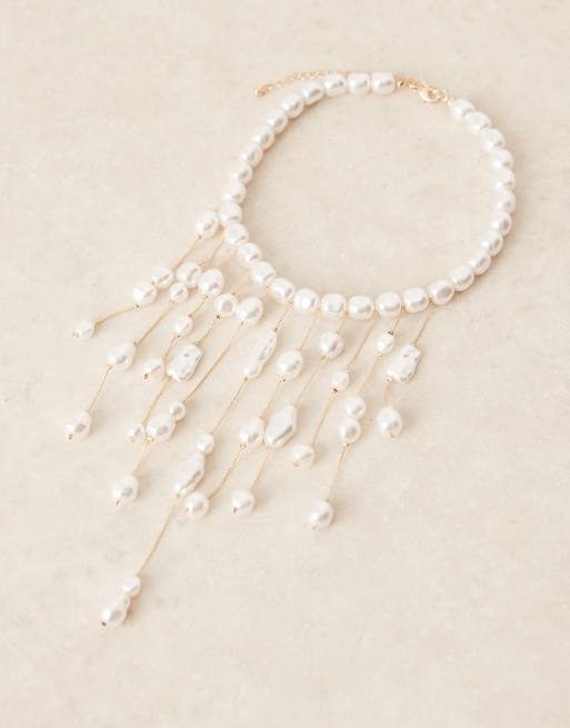 ASOS DESIGN short necklace with faux-pearl waterfall droplets in gold tone