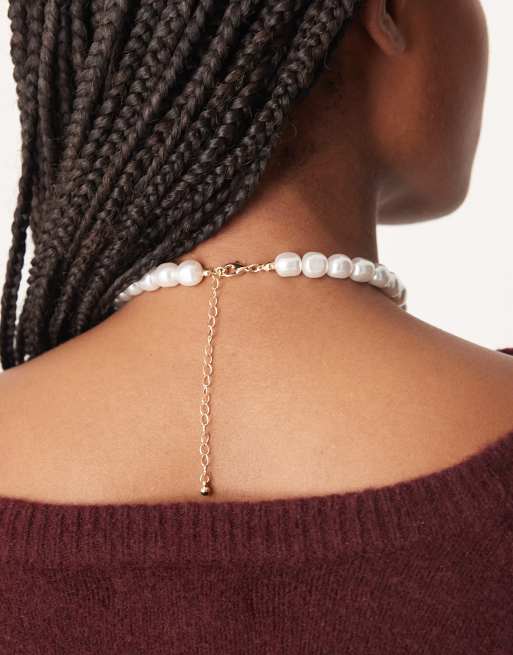 ASOS DESIGN short necklace with faux-pearl waterfall droplets in gold tone