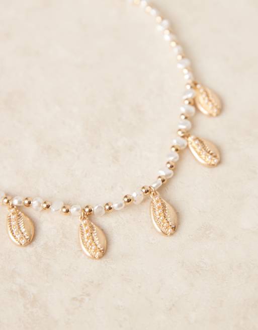 ASOS DESIGN short necklace with faux pearls and gold-tone shell drops, 2 of 3