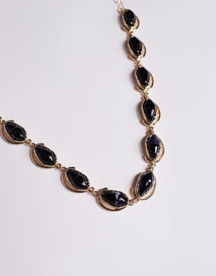 Asos Design Short Necklace With Faux Semi-precious Stone Setting In Gold