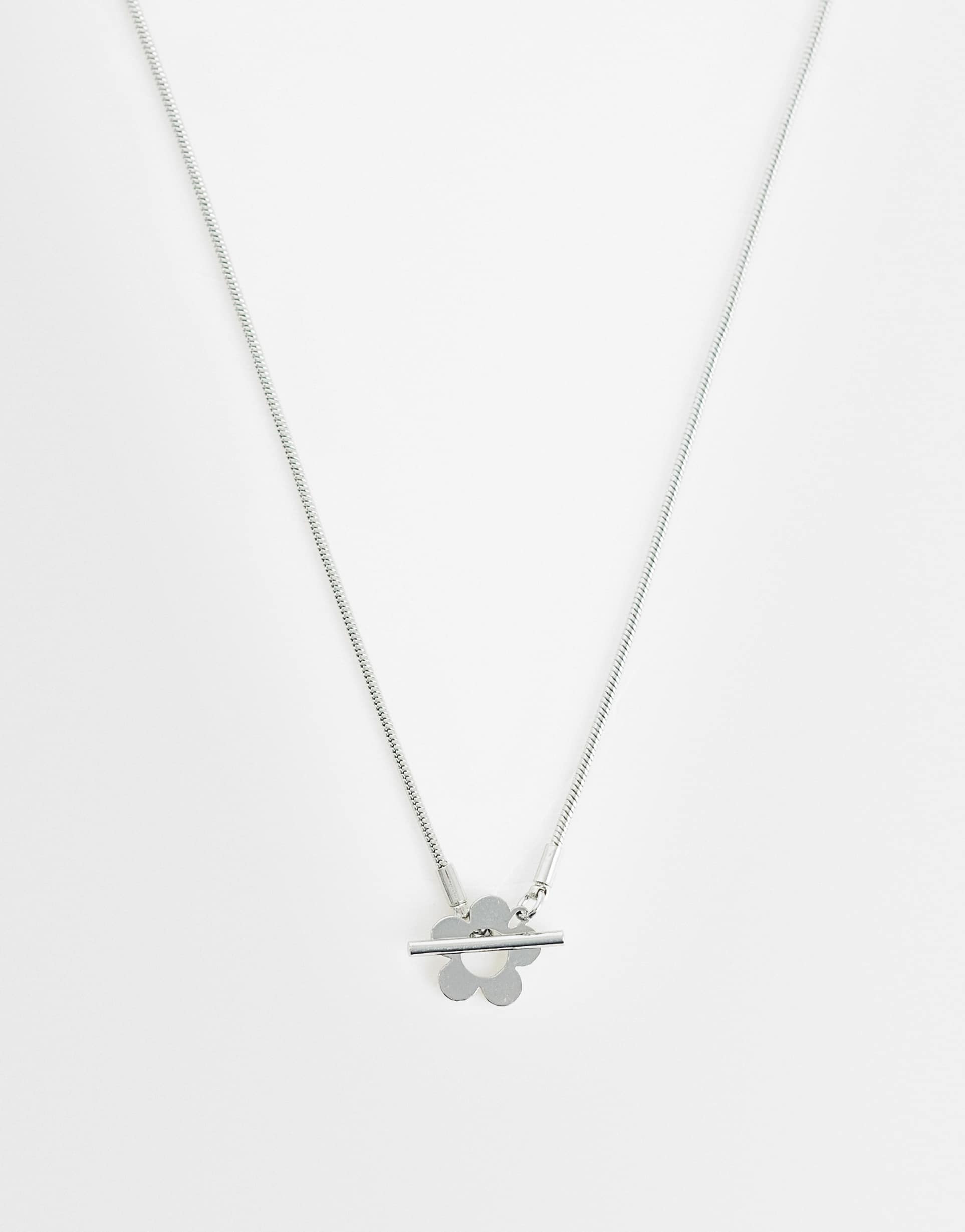 asos design short necklace with flower t-bar design in silver tone