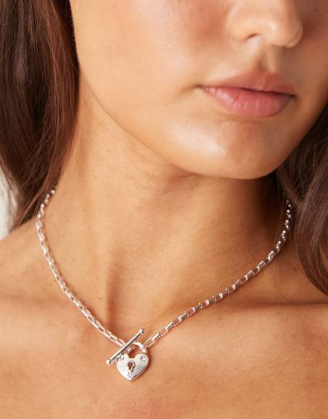 ASOS DESIGN short necklace with heart t-bar detail in silver tone - view 1
