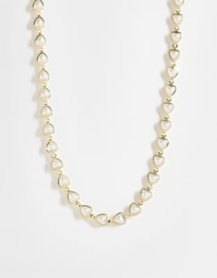 Asos Design Short Necklace With Mini Hearts With Faux Pearls In Gold