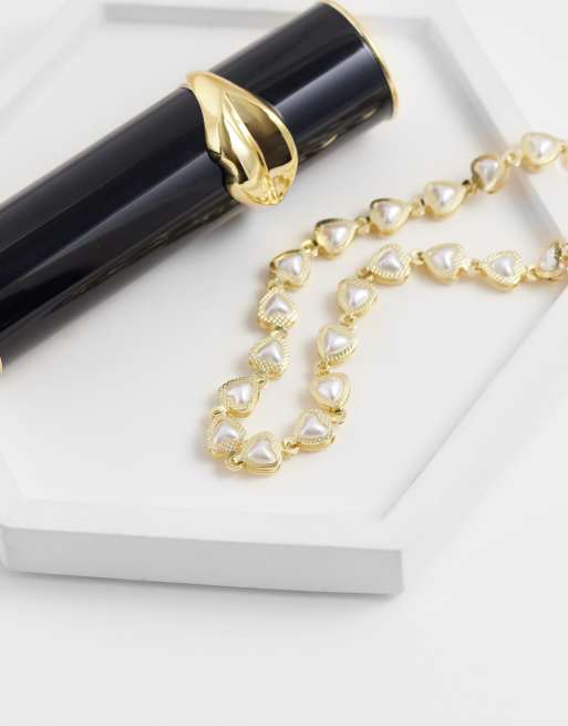ASOS DESIGN short necklace with mini hearts with faux pearls in gold tone, 2 of 4