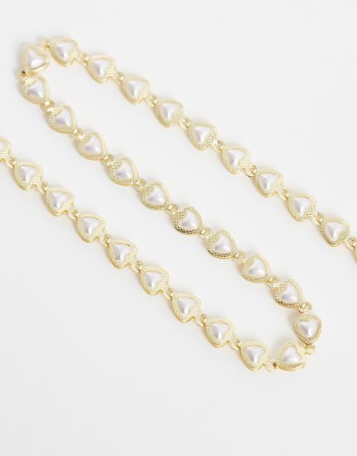 ASOS DESIGN short necklace with mini hearts with faux pearls in gold tone, 3 of 4