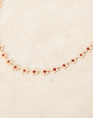 Asos Design Short Necklace With Mini Red Flower Detail In Gold