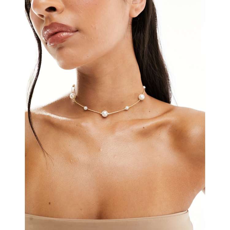 ASOS DESIGN short necklace with mixed sized faux pearl in gold tone ASOS
