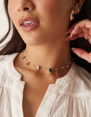 Asos Design Short Necklace With Mixed Sized Semi Precious Chippings In Gold