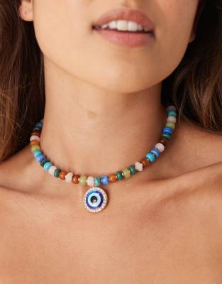 Asos Design Short Necklace With Multi-colored Faux Beads And Eye Charm