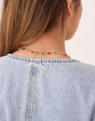 Asos Design Short Necklace With Multi-colored Faux Stones In Multi