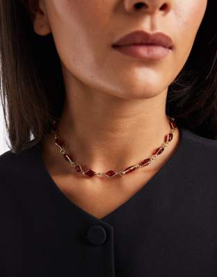 Asos Design Short Necklace With Red Faux Crystal Stone Settings In Gold