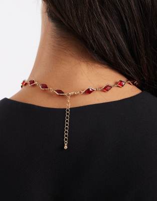 Asos Design Short Necklace With Red Faux Crystal Stone Settings In Gold