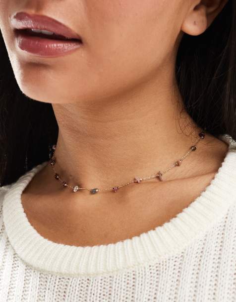 ASOS DESIGN short necklace with semi precious chippings in gold tone - view 1