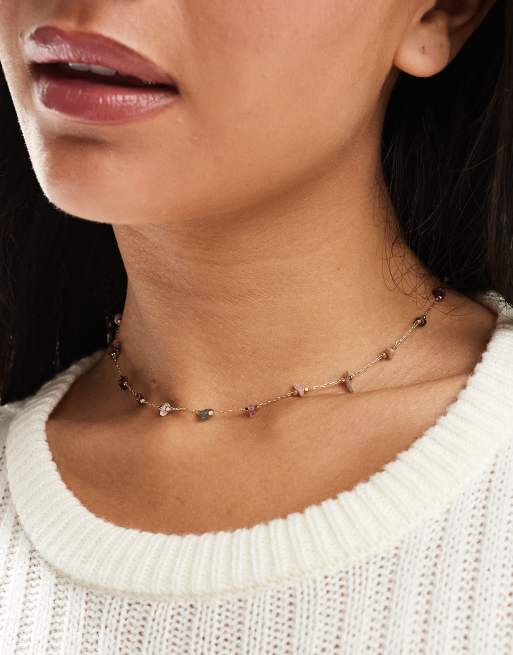 ASOS DESIGN short necklace with semi precious chippings in gold tone