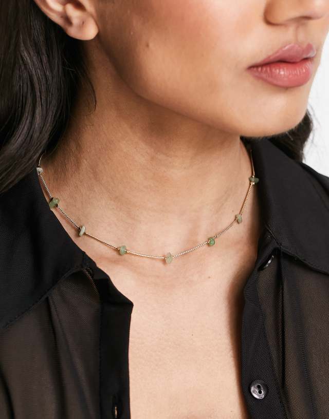 ASOS DESIGN short necklace with semi precious jade detail in gold tone