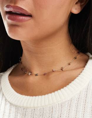 Asos Design Short Necklace With Semi Precious Style Chippings In Gold Tone-multi