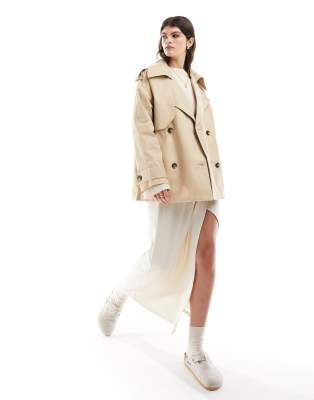 Asos Design Short Trench Coat In Stone-neutral