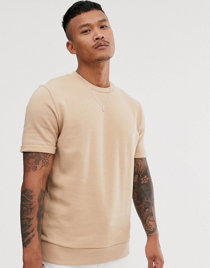 ASOS DESIGN short roll sleeve sweatshirt in beige-Neutral