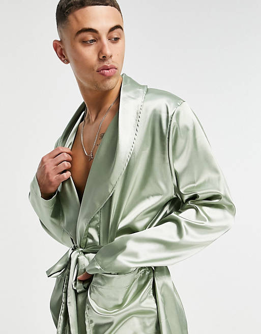 Men short satin dressing gown in pastel green 
